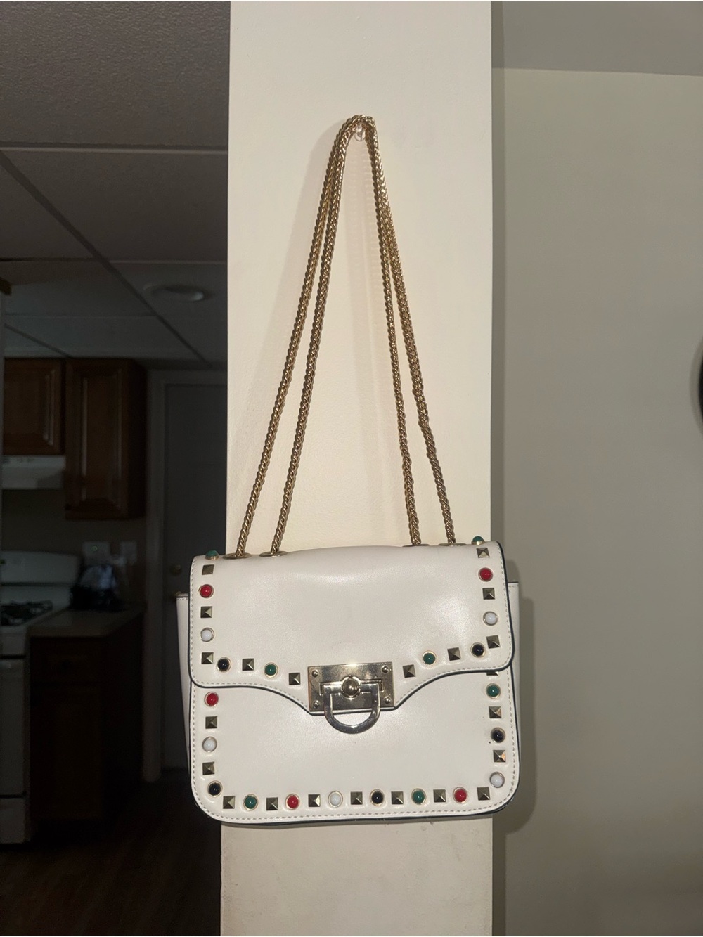 White Studded Chain-Handle Crossbody Bag